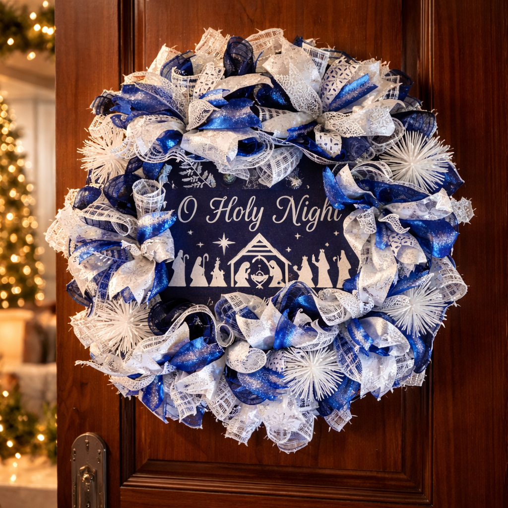 Beautiful Blue and White Sparkling Nativity Scene Wreath