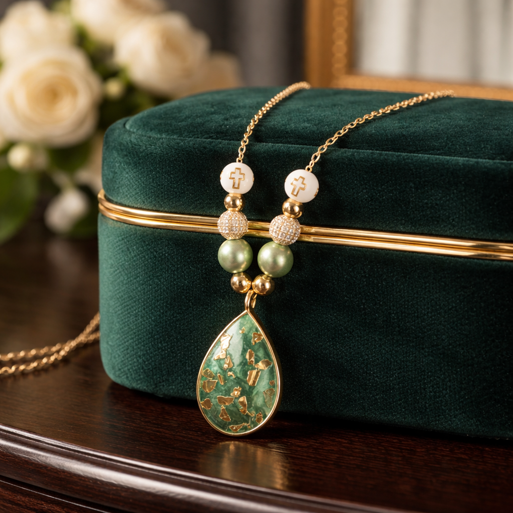 Soft Green Necklace with Gold Flecks.