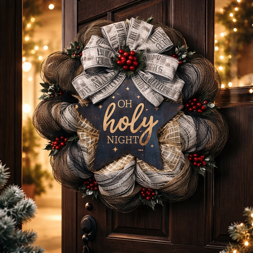 Beautiful Wreath! "Oh Holy Night"Three Colors of Layered Fabric Mesh, Red Berry Accents