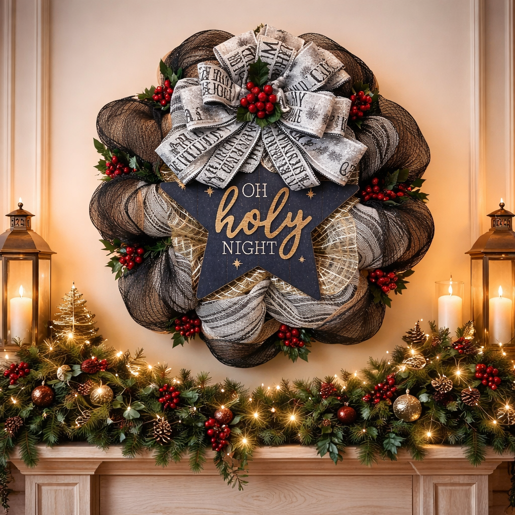 Beautiful Wreath! "Oh Holy Night"Three Colors of Layered Fabric Mesh, Red Berry Accents