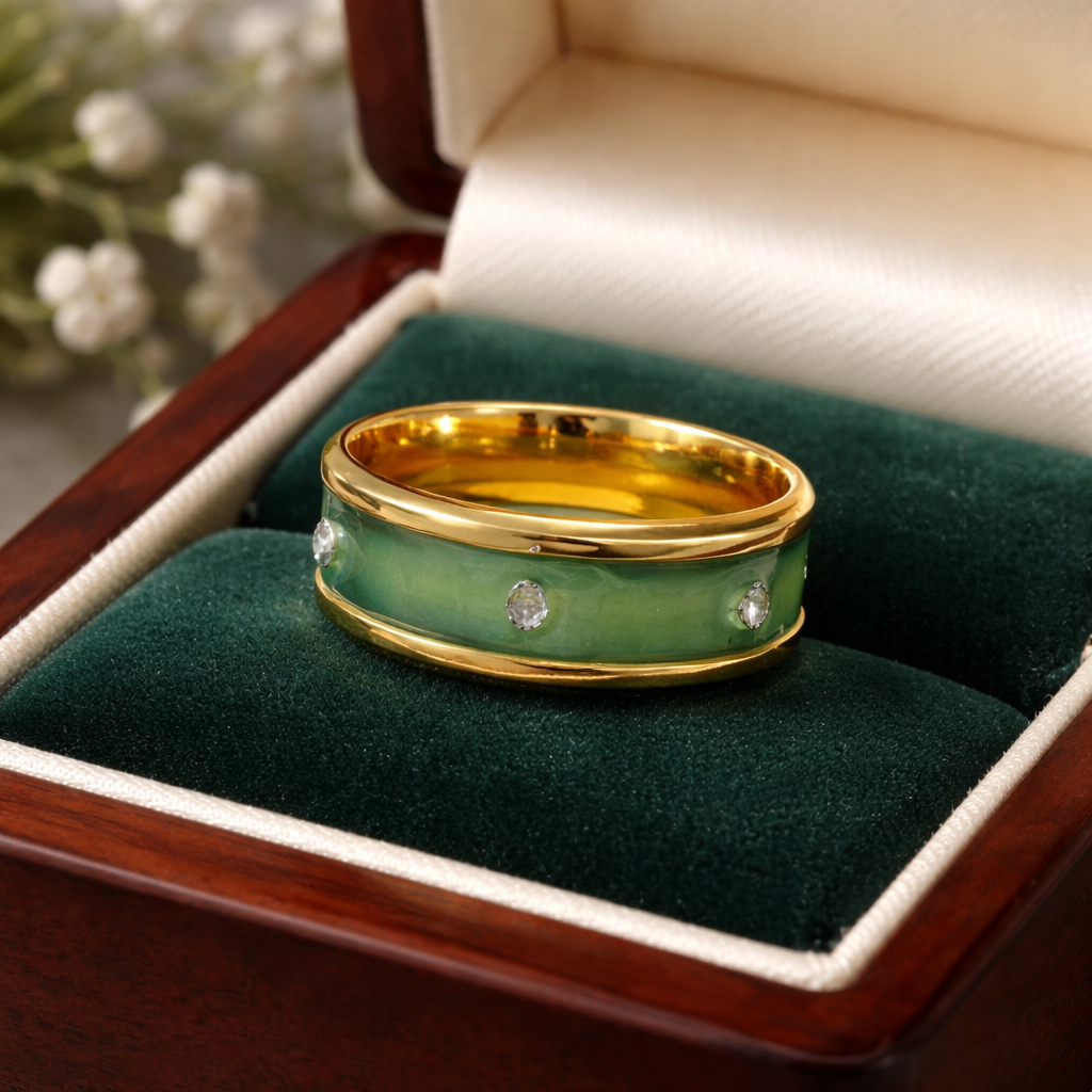 Green Rinstone Ring with Resin Inlay. Hypoallergenic