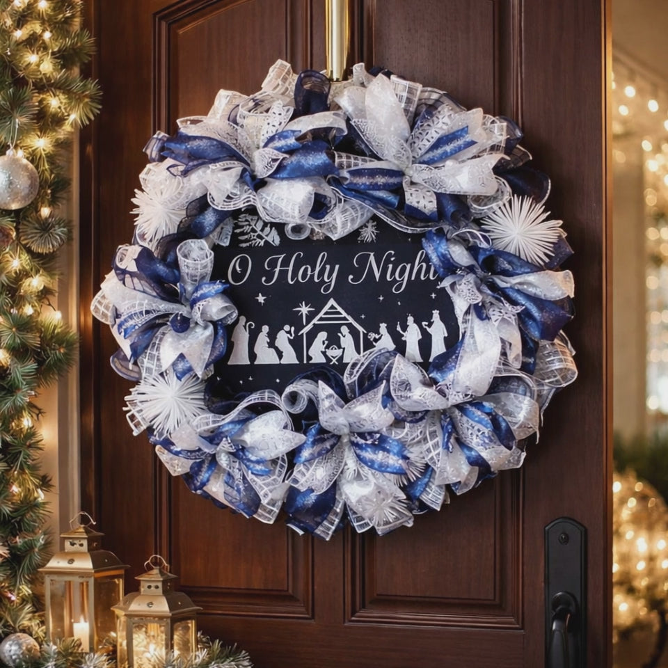 Beautiful Blue and White Sparkling Nativity Scene Wreath