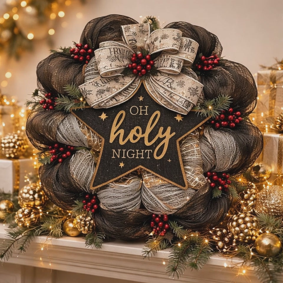 Beautiful Wreath! "Oh Holy Night"Three Colors of Layered Fabric Mesh, Red Berry Accents