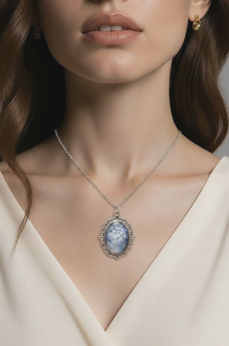Soft Blue Floral Cabochon Necklace