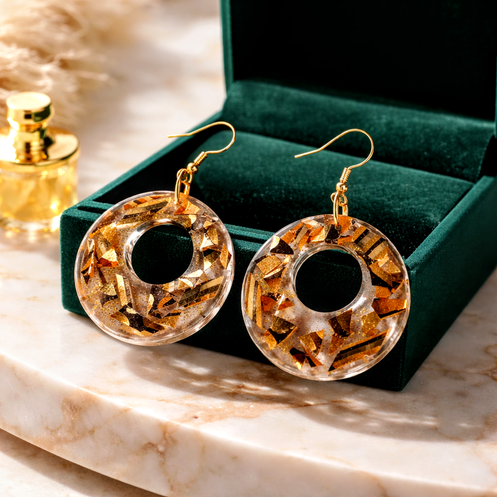 Clear Round Earrings with Sparkles of Black and Gold