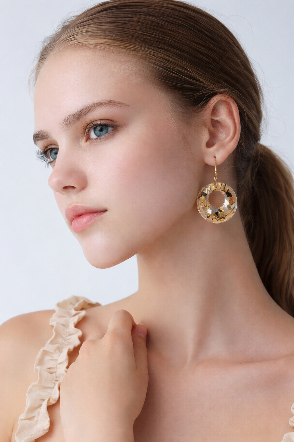 Clear Round Earrings with Sparkles of Black and Gold